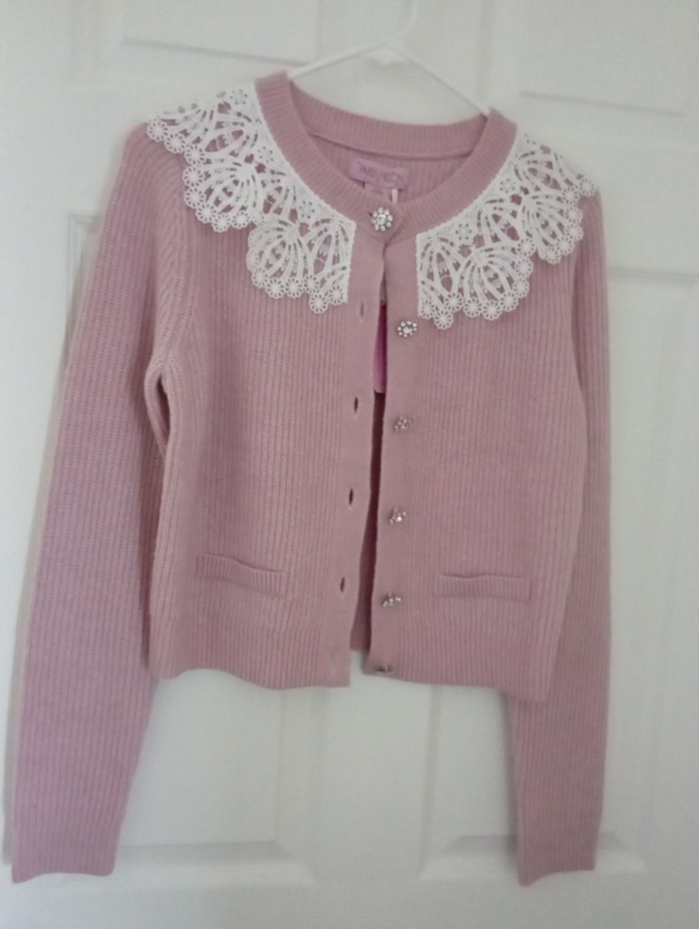 Paris Hilton Pink Lace-Collar Ribbed Cardigan